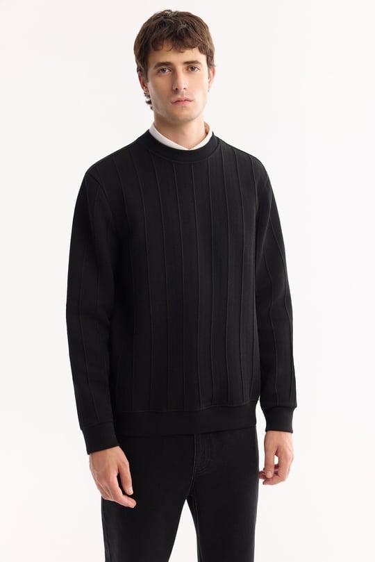 Siyah Bisiklet Yaka Elastan Kolay Ütülenen Çizgili Sweatshirt