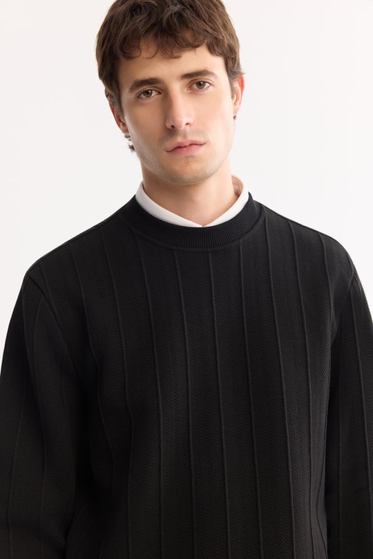 Siyah Bisiklet Yaka Elastan Kolay Ütülenen Çizgili Sweatshirt