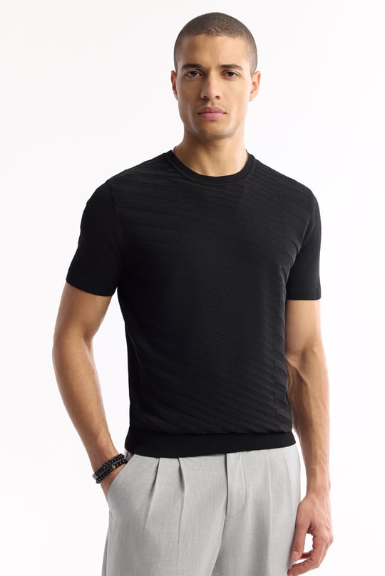 Siyah Bisiklet Yaka Rayon Triko T-Shirt