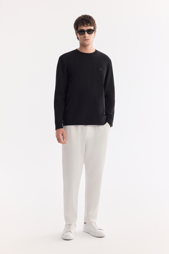 Siyah Bisiklet Yaka Pamuklu Kolay Ütülenen Sweatshirt