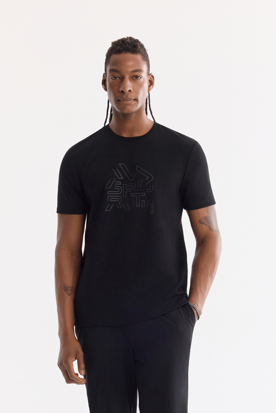 Siyah Bisiklet Yaka Elastan Bi-Stretch İnterlok T-Shirt