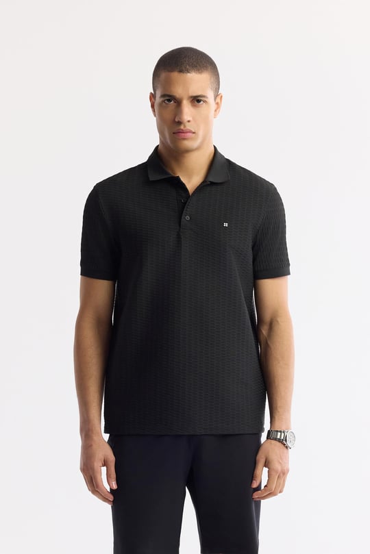 Siyah Polo Yaka Jakarlı Elastan T-Shirt
