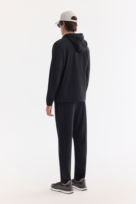 Siyah Kapüşonlu Yaka Fermuarlı Teknik Kumaş Sweatshirt