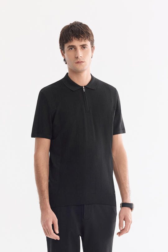 Siyah Polo Yaka Fermuarlı Kolay Ütülenen Kırışmaz Triko T-Shirt