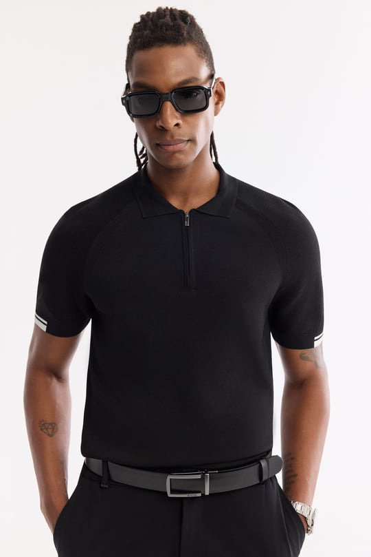 Siyah Polo Yaka Fermuarlı Rayon Karışımlı Triko T-Shirt