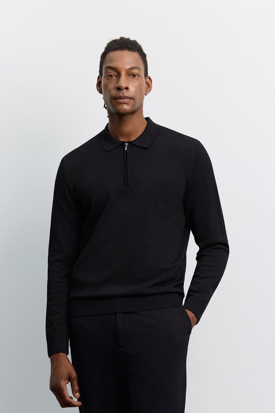 Siyah Polo Yaka Rayon Tüylenmeyen Basic Triko Kazak