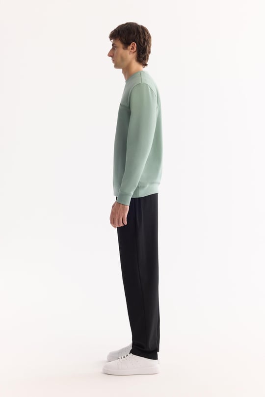 Su Yeşili Bisiklet Yaka Kolay Ütülenen Bi-Stretch Baskılı Sweatshirt