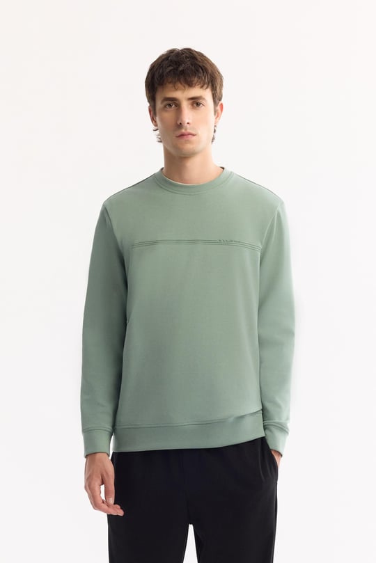 Su Yeşili Bisiklet Yaka Kolay Ütülenen Bi-Stretch Baskılı Sweatshirt