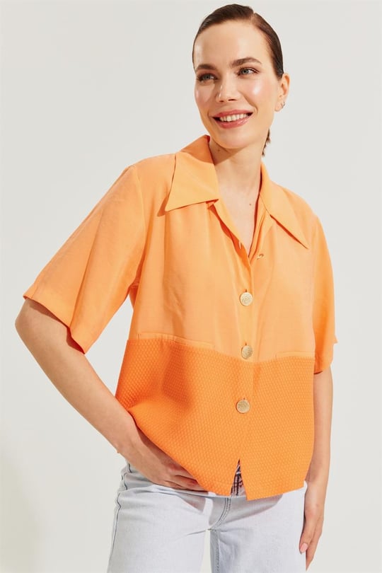 Kadın Oranj Desen Detaylı Kısa Kollu Gömlek ST070S55278001 | Setre