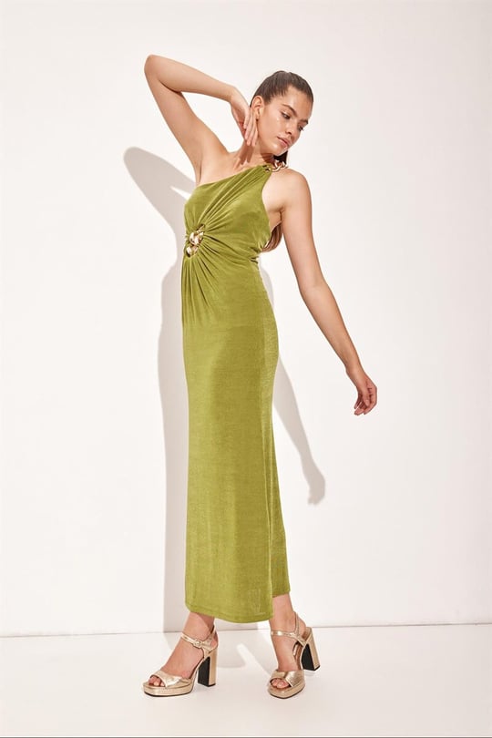 Kadın Yeşil Pencere Detaylı Tek Omuz Elbise ST070W40155202 | Setre