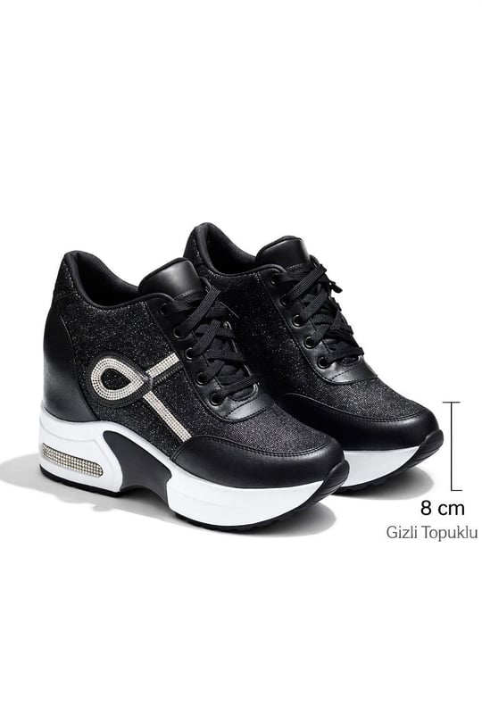 Alix Kristal Taşlı Gizli Topuklu Spor Ayakkabı Siyah - Spor Ayakkabı