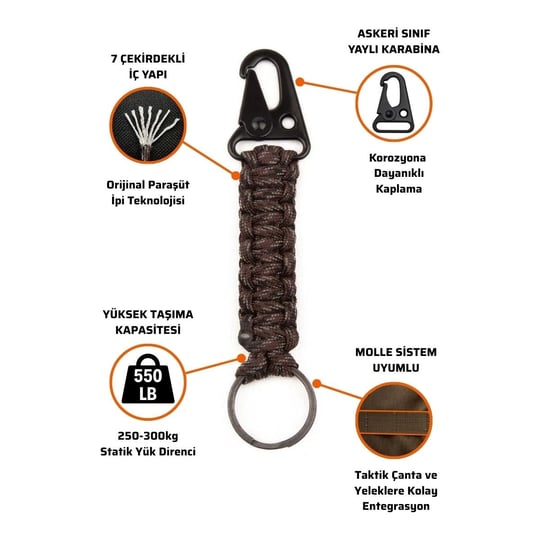 Askeri Karabinalı Paracord Anahtarlık ve Çanta Askısı - Pöh Kamuflaj