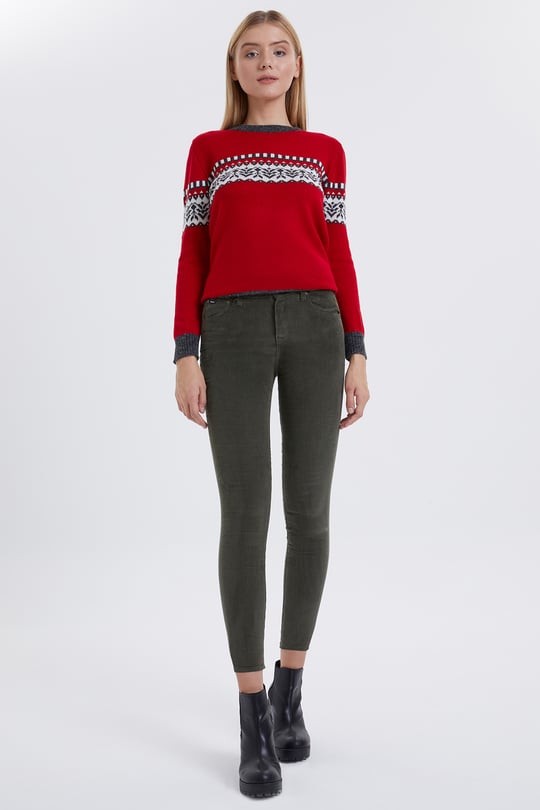 Jamy Yüksek Bel Dar Kesim Çok Dar Paça Haki Kadın Pantolon