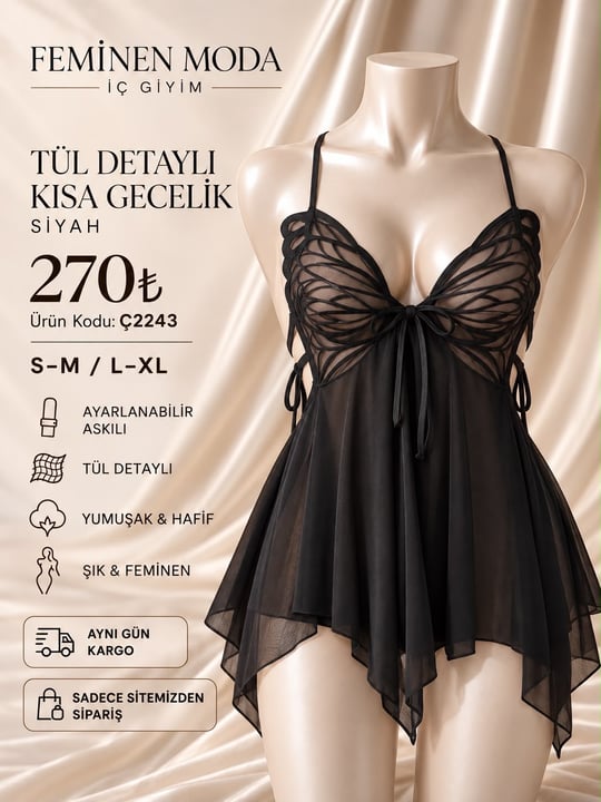 ç2243-dantelli kelebek detaylı tül gecelik-siyah