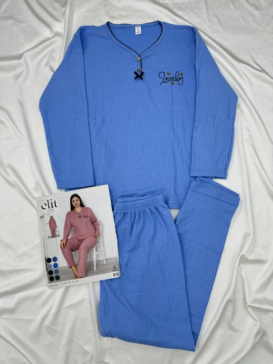 Ç8398 - büyük beden önü dügmeli fitilli pijama takımı - bebe mavisi 