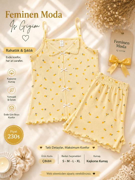ç8684-kaşkorse kumaş ip askılı şortlu takım-sarı