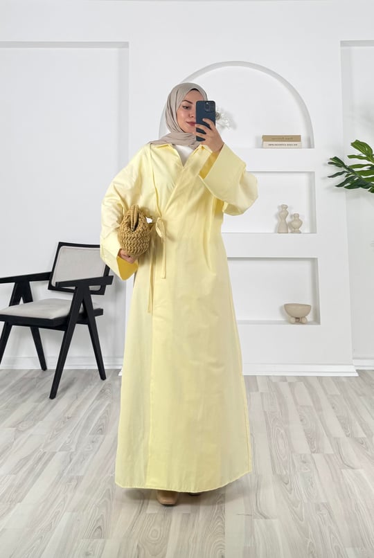 4652 - poplin kumaş yaka detaylı uzun kimona ceket - sarı  