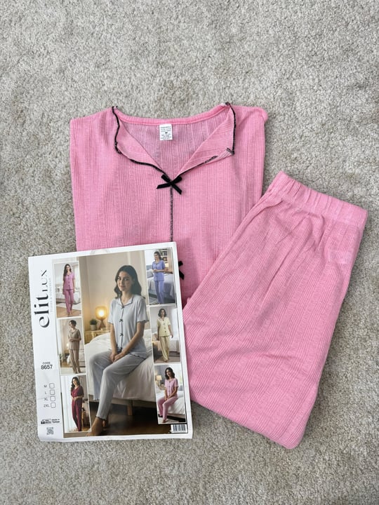 ç1315-zincir kumaş önü fiyonklu pijama takımı-pudra