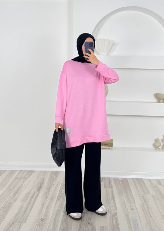 2366 iki iplik kumaş armalı düz tunik pembe