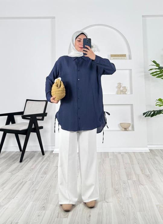 35891 -nada kumaş fitilli yanları baglamalı gömlek - lacivert
