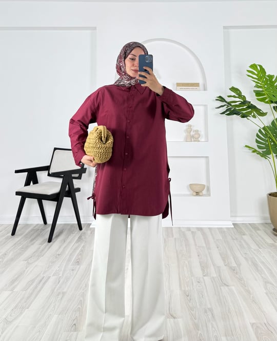 8436-poplin kumaş yanları baglamalı gömlek - bordo