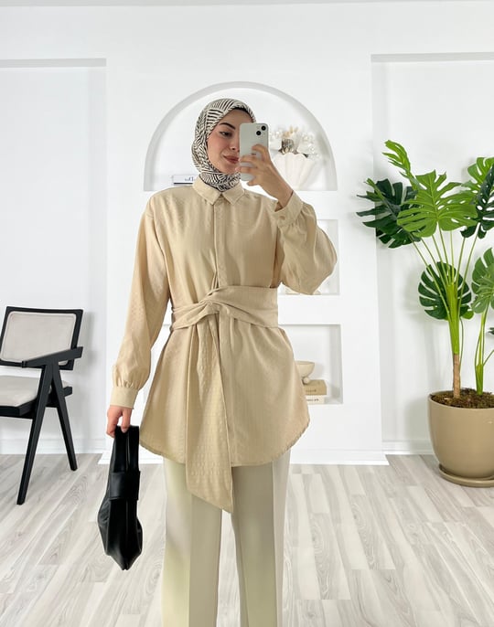 7886-nada kumaş-kendinden kemerli gizli düğmeli gömlek-taş