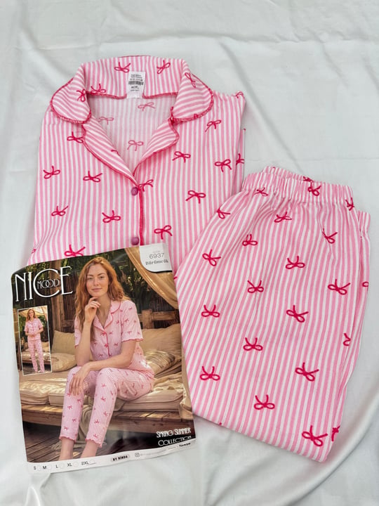 ç6937-bürümcük kumaş gömlek yaka kısa kollu pijama takımı-pembe
