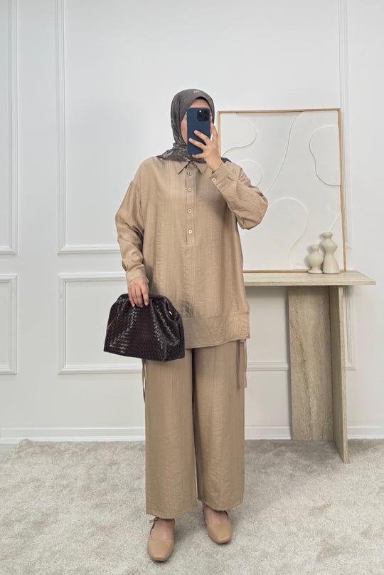 3035-çilek kumaş ip detaylı pantolonlu takım-krem