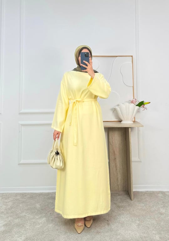 0183-tencel kumaş kuşaklı düz elbise-sarı