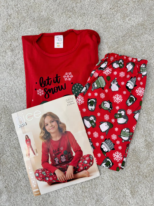 ç5855-lizbon milan kumaş kız çoçuk pijama takımı-kırmızı