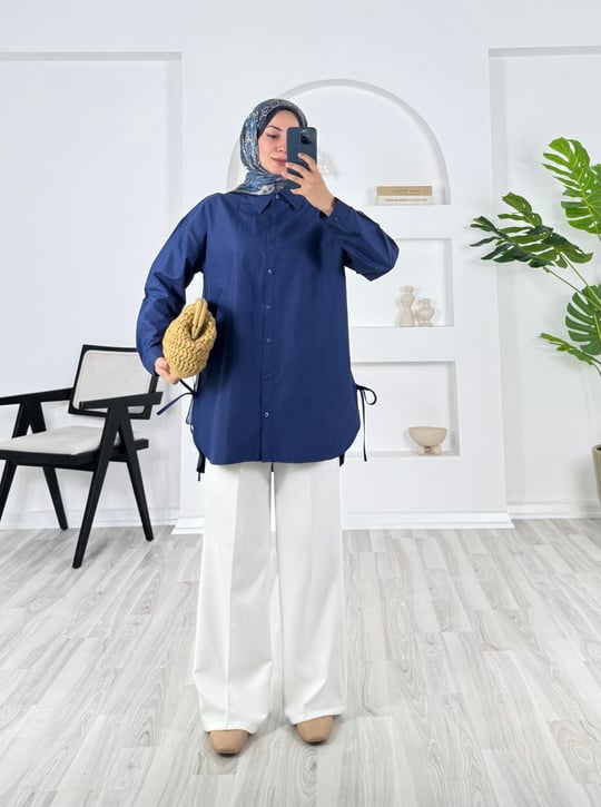 8436-poplin kumaş yanları baglamalı gömlek - lacivert