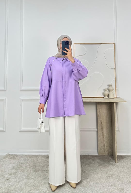 9052-terikoton kumaş taşlı kuşaklı tunik-lila