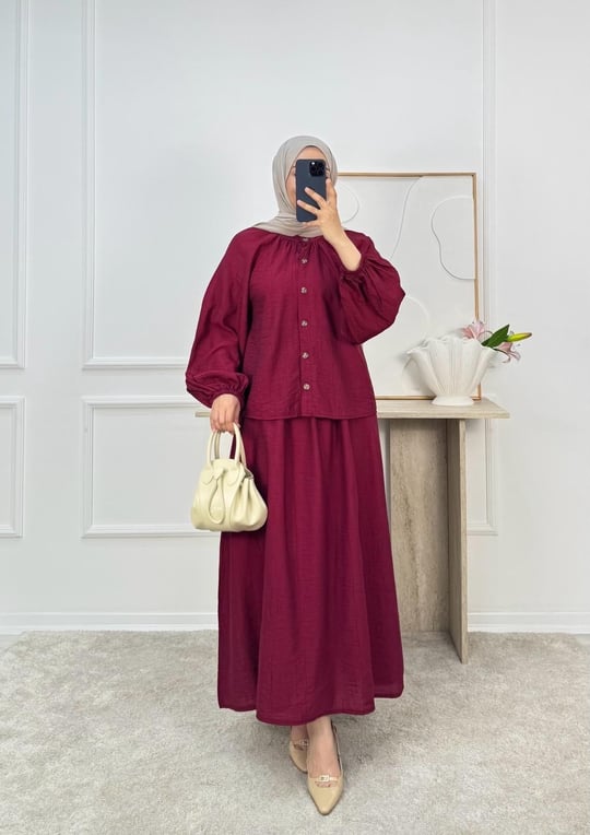 8619-çilek kumaş etekli takım-bordo