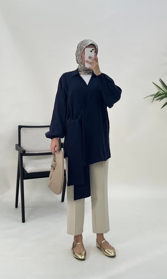 6643-moral kumaş-önden bağlamalı kimono-lacivert