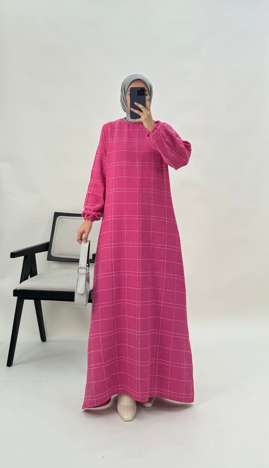 6555-şanel kumaş-kare desenli elbise-pembe