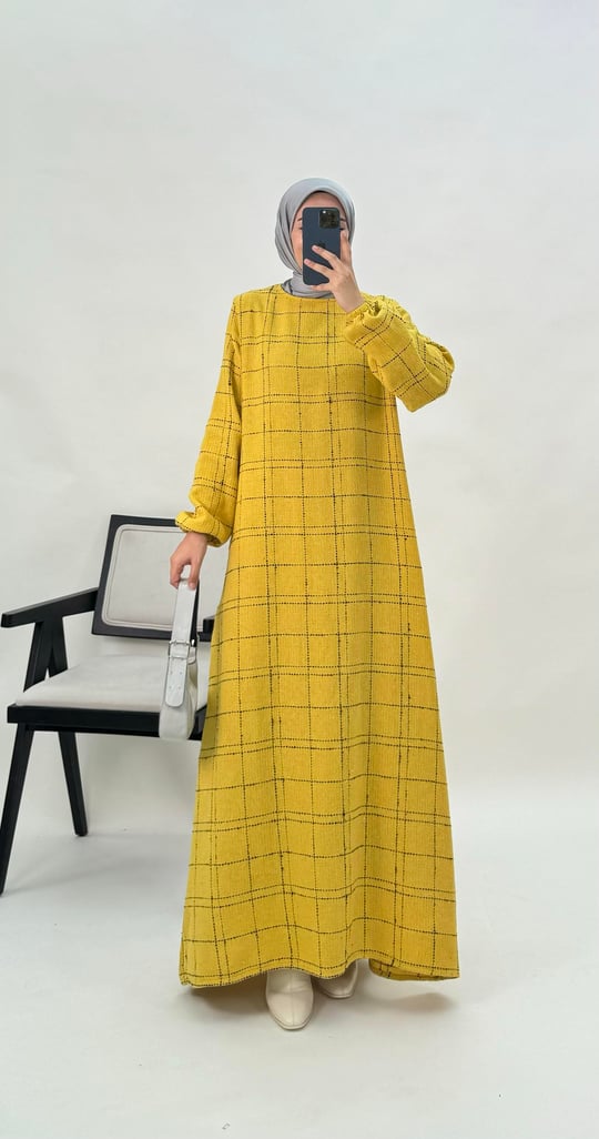 6555-şanel kumaş-kare desenli elbise-sarı