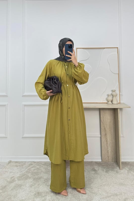 1528- maya kumaş pantolonlu takım-sarı