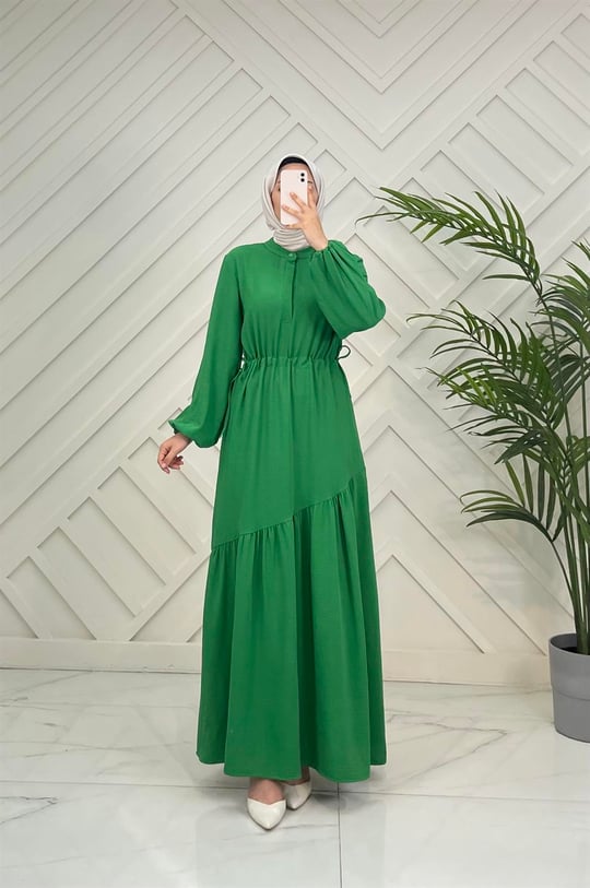 910469 E49+Ayrobin kumaş gizli düğmeli beli lastikli çarpraz katlı etekli elbise - Benetton yeşili
