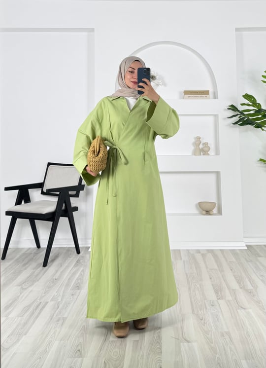 4652 - poplin kumaş yaka detaylı uzun kimona ceket - fıstık yeşili 