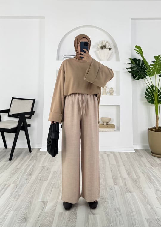 2502-keten kumaş-beli lastikli pantolon-taş