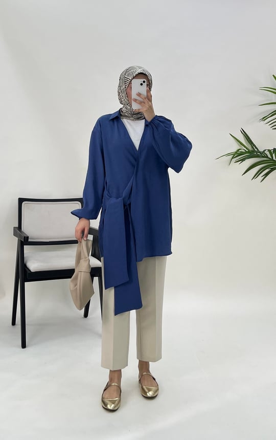 6643-moral kumaş-önden bağlamalı kimono-mavi