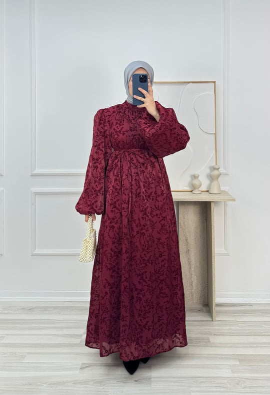 7182-balon kollu astarlı flok tül elbise-bordo