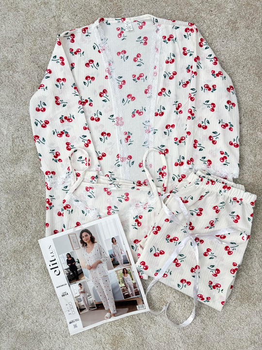 ç8614-bürümcük kumaş kiraz desenli 3lü pijama takımı-beyaz 