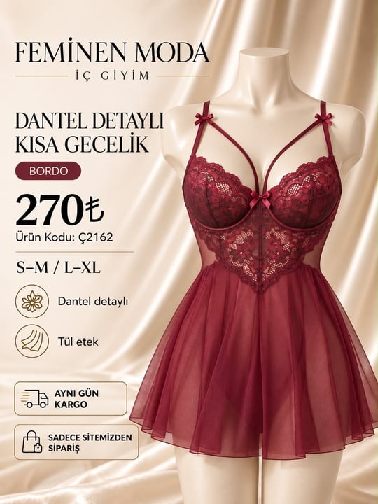 ç2162-dantelli detaylı tül gecelik-bordo