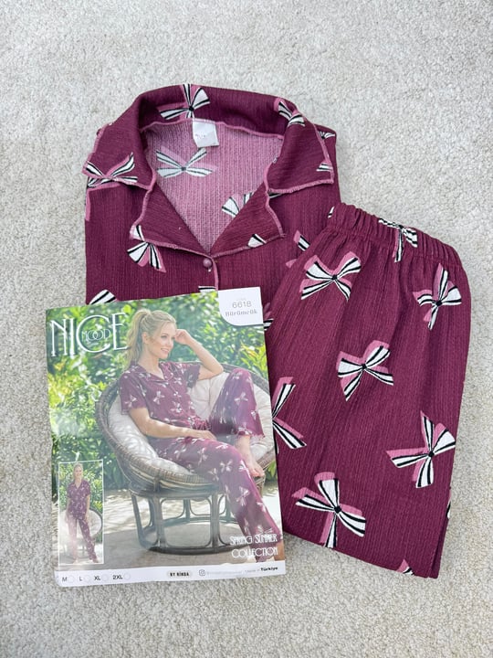 ç6618-bürümcük kumaş gömlek yaka kısa kollu pijama takımı-bordo