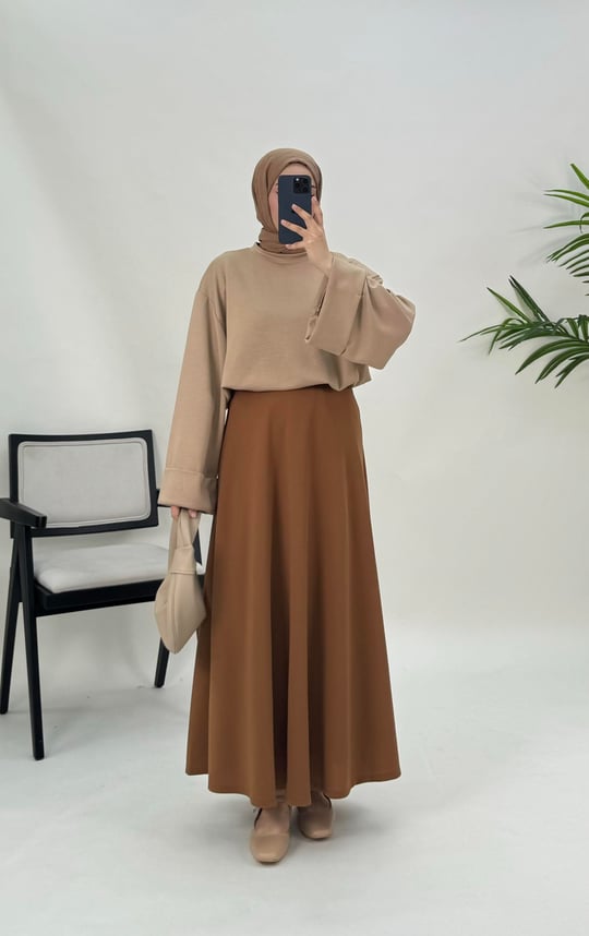 8787-zara krep kumaş etek-camel
