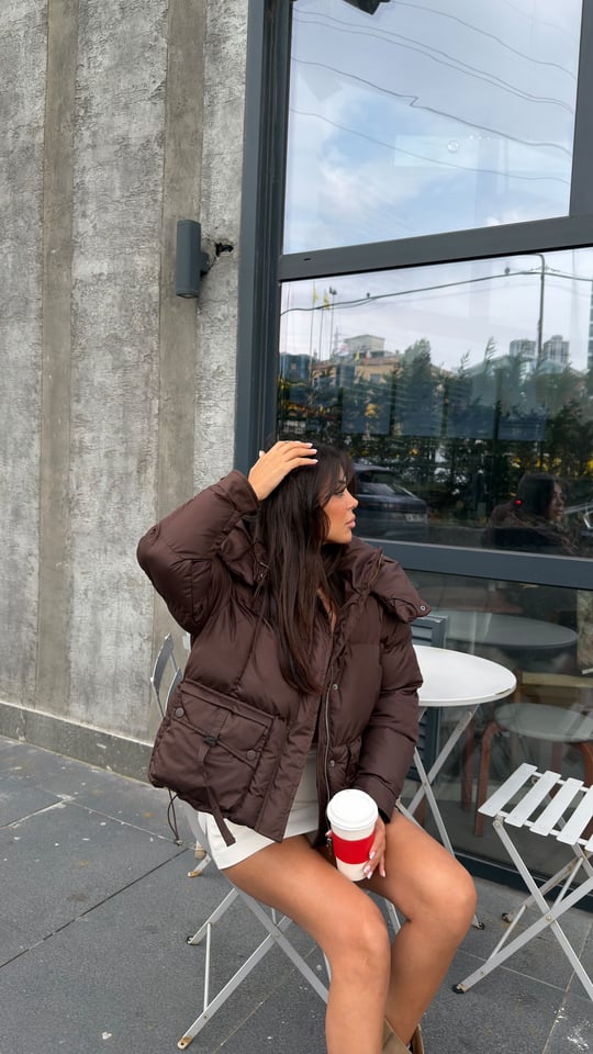 Cep Toka Detay Şişme Mont Kahve