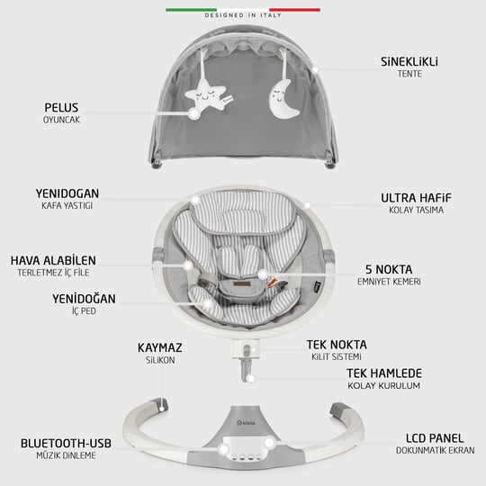 Elele Amore 2 Elektrikli Otomatik Sallanan Ana Kucağı Kademeli Gri