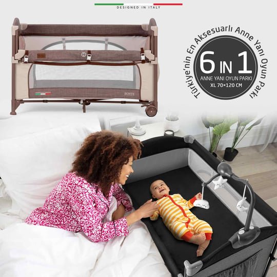Elele Bonte 2 6in1 Lüks Anne Yanı Oyun Parkı Park Yatak XL 70x120 cm Kahverengi