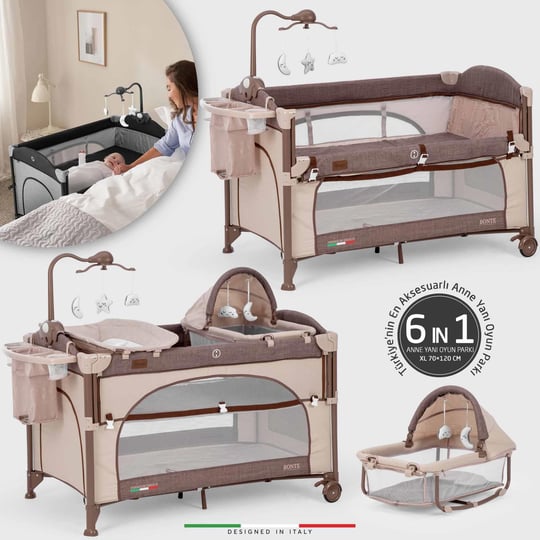 Elele Bonte 2 6in1 Lüks Anne Yanı Oyun Parkı Park Yatak XL 70x120 cm Kahverengi